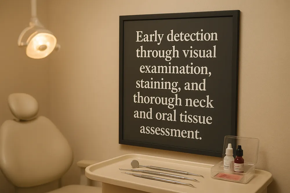 Early detection through visual examination, staining, and thorough neck and oral tissue assessment.