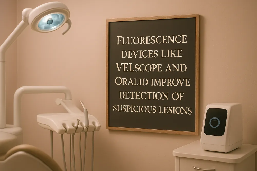Fluorescence devices like VELscope and OralID improve detection of suspicious lesions.