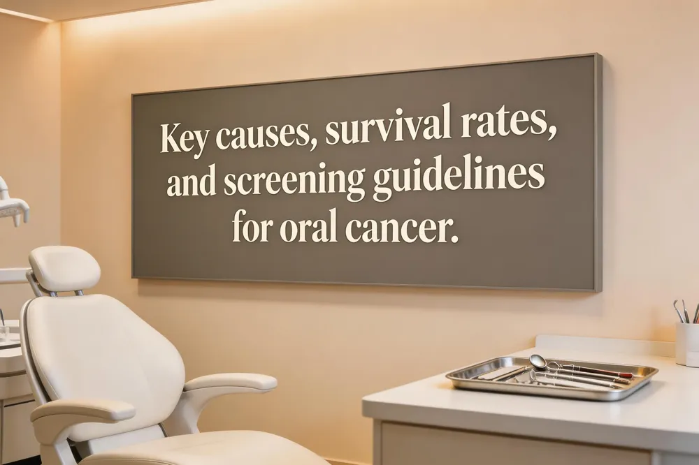 Key causes, survival rates, and screening guidelines for oral cancer.