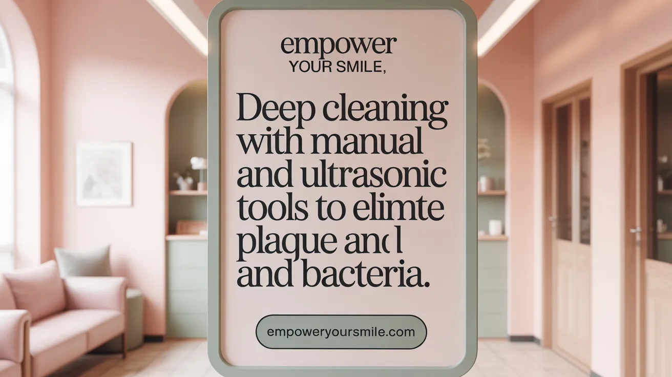 Deep cleaning with manual and ultrasonic tools to eliminate plaque and bacteria.