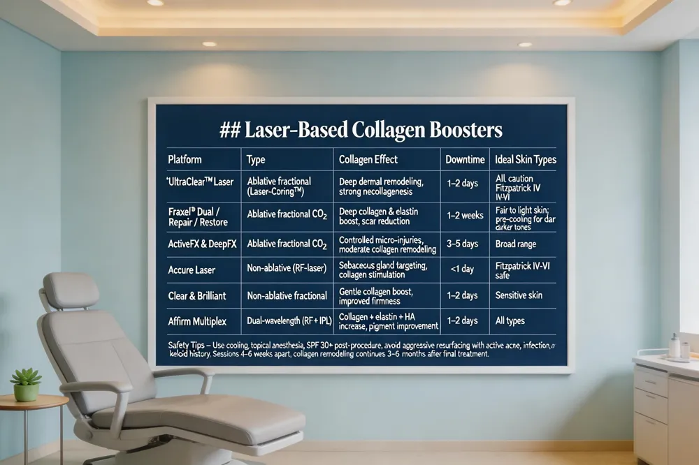 ### Laser‑Based Collagen Boosters
| Platform | Type | Collagen Effect | Downtime | Ideal Skin Types |
|---|---|---|---|---|
| UltraClear™ Laser | Ablative fractional (Laser‑Coring™) | Deep dermal remodeling, strong neocollagenesis | 1–2 days | All, but caution for Fitzpatrick IV‑VI |
| Fraxel® Dual / Repair / Restore | Ablative fractional CO₂ | Deep collagen & elastin boost, scar reduction | 1–2 weeks | Fair to light skin; pre‑cooling for darker tones |
| ActiveFX & DeepFX | Ablative fractional CO₂ | Controlled micro‑injuries, moderate collagen remodeling | 3–5 days | Broad range |
| Accure Laser | Non‑ablative (RF‑laser) | Sebaceous gland targeting, collagen stimulation | <1 day | Fitzpatrick IV‑VI safe |
| Clear & Brilliant | Non‑ablative fractional | Gentle collagen boost, improved firmness | 1–2 days | Sensitive skin |
| Affirm Multiplex | Dual‑wavelength (RF + IPL) | Collagen + elastin + HA increase, pigment improvement | 1–2 days | All types |
Safety Tips – Use cooling, topical anesthesia, SPF 30+ post‑procedure; avoid aggressive resurfacing with active acne, infection, or keloid history. Sessions 4–6 weeks apart, collagen remodeling continues 3–6 months after final treatment.
