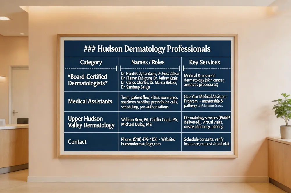 ### Hudson Dermatology Professionals
| Category | Names / Roles | Key Services |
|---|---|---|
| Board‑Certified Dermatologists | Dr. Hendrik Uyttendaele, Dr. Ross Zeltser, Dr. Filamer Kabigting, Dr. Jeffrey Kezis, Dr. Carlos Charles, Dr. Marisa Belaidi, Dr. Sandeep Saluja | Medical & cosmetic dermatology (skin cancer, aesthetic procedures) |
| Medical Assistants | Team supporting patient flow, vitals, room prep, specimen handling, prescription calls, scheduling, pre‑authorizations | Gap‑Year Medical Assistant Program → mentorship & pathway to PA/medical school |
| Upper Hudson Valley Dermatology | William Bow, PA; Caitlin Cook, PA; Michael Dulay, MS | Dermatology services (PA/NP delivered), virtual visits, onsite pharmacy, parking |
| Contact | Phone: (518) 479‑4156 • Website: hudsondermatology.com | Schedule consults, verify insurance, request virtual visit |
| 