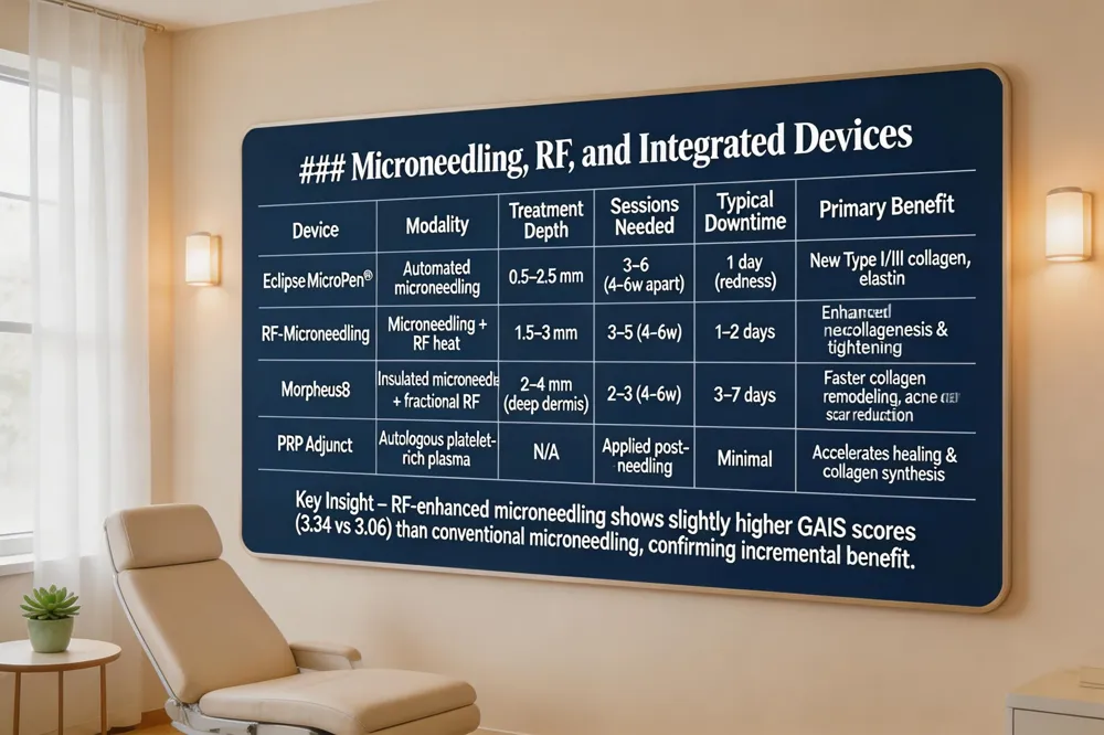 ### Microneedling, RF, and Integrated Devices
| Device | Modality | Treatment Depth | Sessions Needed | Typical Downtime | Primary Benefit |
|---|---|---|---|---|---|
| Eclipse MicroPen® | Automated microneedling | 0.5–2.5 mm | 3–6 (4–6 weeks apart) | 1 day (redness) | New Type I/III collagen, elastin |
| RF‑Microneedling | Microneedling + RF heat | 1.5–3 mm | 3–5 (4–6 weeks) | 1–2 days | Enhanced neocollagenesis & tightening |
| Morpheus8 | Insulated microneedles + fractional RF | 2–4 mm (deep dermis) | 2–3 (4–6 weeks) | 3–7 days | Faster, pronounced collagen remodeling, acne scar reduction |
| PRP Adjunct | Autologous platelet‑rich plasma | N/A | Applied post‑needling | Minimal | Accelerates healing & collagen synthesis |
Key Insight – RF‑enhanced microneedling shows slightly higher GAIS scores (3.34 vs 3.06) than conventional microneedling, confirming incremental benefit. 
