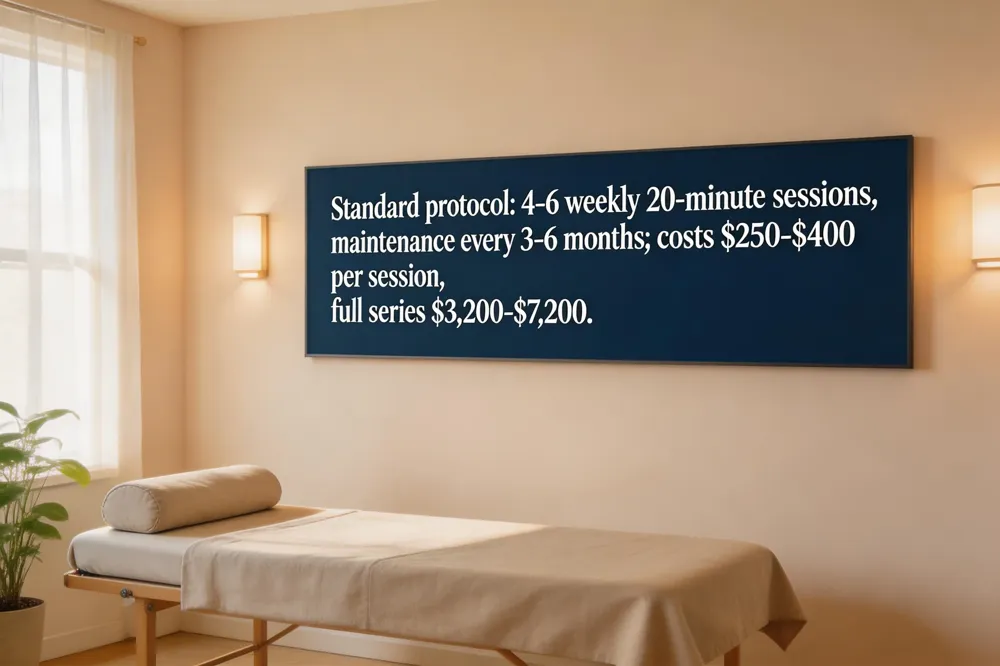 Standard protocol: 4‑6 weekly 20‑minute sessions, maintenance every 3‑6 months; costs $250‑$400 per session, full series $3,200‑$7,200.