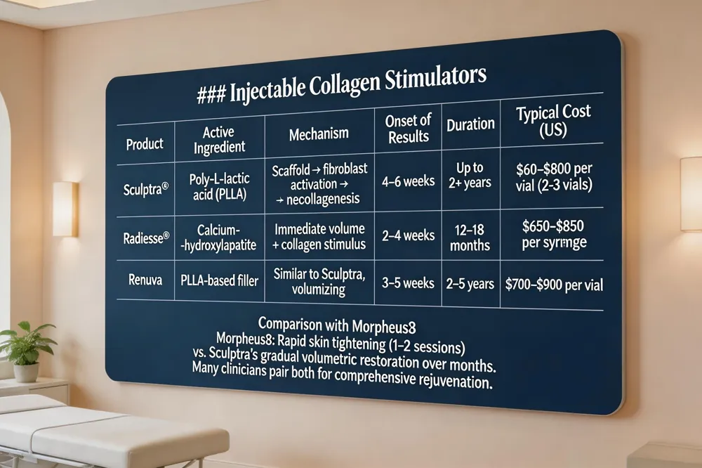 ### Injectable Collagen Stimulators
| Product | Active Ingredient | Mechanism | Onset of Results | Duration | Typical Cost (US) |
|---|---|---|---|---|---|
| Sculptra® | Poly‑L‑lactic acid (PLLA) | Scaffold → fibroblast activation → neocollagenesis | 4–6 weeks | Up to 2 years (some >5 years) | $600–$800 per vial (2–3 vials) |
| Radiesse® | Calcium‑hydroxylapatite | Immediate volume + collagen stimulus | 2–4 weeks | 12–18 months | $650–$850 per syringe |
| Renuva | PLLA‑based filler | Similar to Sculptra, volumizing | 3–5 weeks | 2–5 years | $700–$900 per vial |
Comparison with Morpheus8 – Morpheus8 gives rapid skin tightening (visible after 1–2 sessions) vs. Sculptra’s gradual volumetric restoration over months. Many clinicians pair both for comprehensive rejuvenation. 