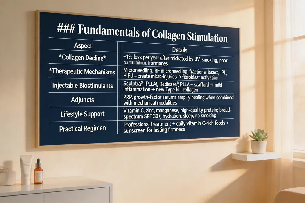 ### Fundamentals of Collagen Stimulation
| Aspect | Details |
|---|---|
| Collagen Decline | ~1 % loss per year after mid‑20s; accelerated by UV, smoking, poor nutrition, hormones |
| Therapeutic Mechanisms | Microneedling, RF microneedling, fractional lasers, IPL, HIFU – create micro‑injuries → fibroblast activation |
| Injectable Biostimulants | Sculptra® (PLLA), Radiesse®, PLLA – scaffold → mild inflammation → new Type I/III collagen |
| Adjuncts | PRP, growth‑factor serums amplify healing when combined with mechanical modalities |
| Lifestyle Support | Vitamin C, zinc, manganese, high‑quality protein; broad‑spectrum SPF 30+; hydration, sleep, no smoking |
| Practical Regimen | Professional treatment + daily vitamin C‑rich foods + sunscreen for lasting firmness |
| 