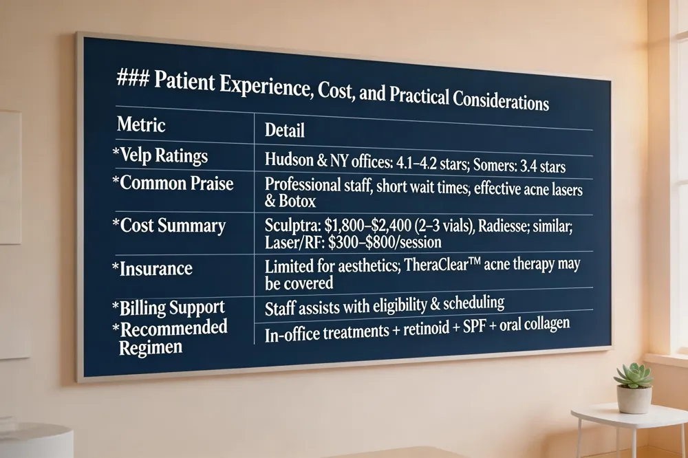 ### Patient Experience, Cost, and Practical Considerations
| Metric | Detail |
|---|---|
| Yelp Ratings | Hudson & NY offices: 4.1–4.2 stars; Somers location: 3.4 stars |
| Common Praise | Professional staff, short wait times, effective acne lasers & Botox |
| Cost Summary | Sculptra: $1,800–$2,400 (2–3 vials); Radiesse: similar per syringe; Fractional laser/RF: $300–$800 per session |
| Insurance | Limited for aesthetic procedures; TheraClear™ acne therapy may be covered |
| Billing Support | Staff assists with eligibility & scheduling |
| Recommended Regimen | Combine in‑office treatments (laser, RF, microneedling) with daily retinoid + SPF + oral collagen for sustained results |
| 