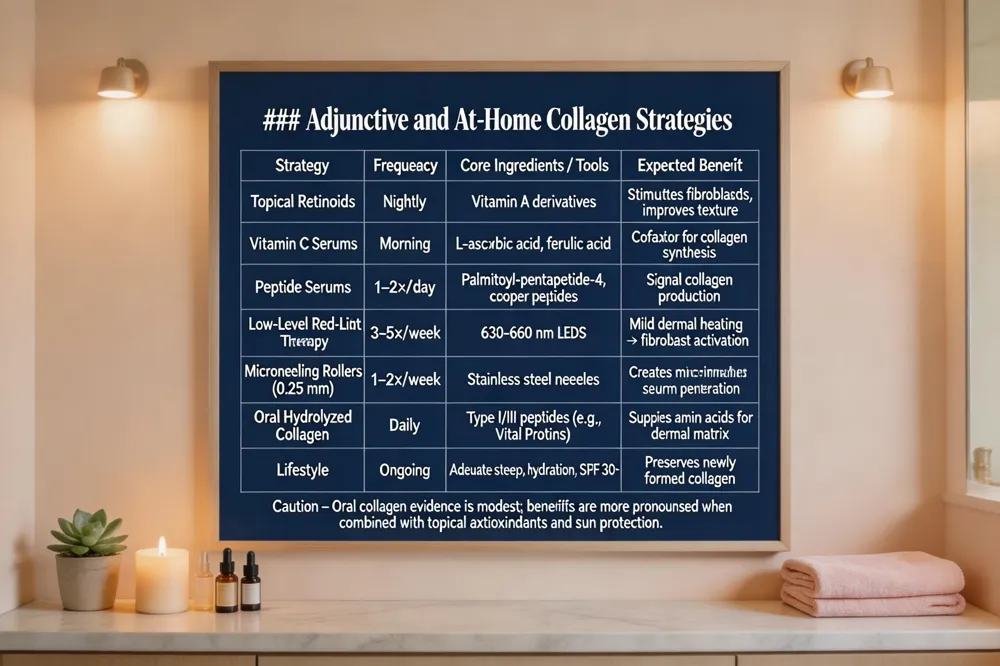 ### Adjunctive and At‑Home Collagen Strategies
| Strategy | Frequency | Core Ingredients / Tools | Expected Benefit |
|---|---|---|---|
| Topical Retinoids | Nightly | Vitamin A derivatives | Stimulates fibroblasts, improves texture |
| Vitamin C Serums | Morning | L‑ascorbic acid, ferulic acid | Cofactor for collagen synthesis |
| Peptide Serums | 1–2×/day | Palmitoyl‑pentapeptide‑4, copper peptides | Signal collagen production |
| Low‑Level Red‑Light Therapy | 3–5×/week | 630–660 nm LEDs | Mild dermal heating → fibroblast activation |
| Microneedling Rollers (0.25 mm) | 1–2×/week | Stainless steel needles | Creates micro‑channels for serum penetration |
| Oral Hydrolyzed Collagen | Daily | Type I/III peptides (e.g., Vital Proteins) | Supplies amino acids for dermal matrix |
| Lifestyle | Ongoing | Adequate sleep, hydration, SPF 30+ | Preserves newly formed collagen |
Caution – Oral collagen evidence is modest; benefits are more pronounced when combined with topical antioxidants and sun protection. 