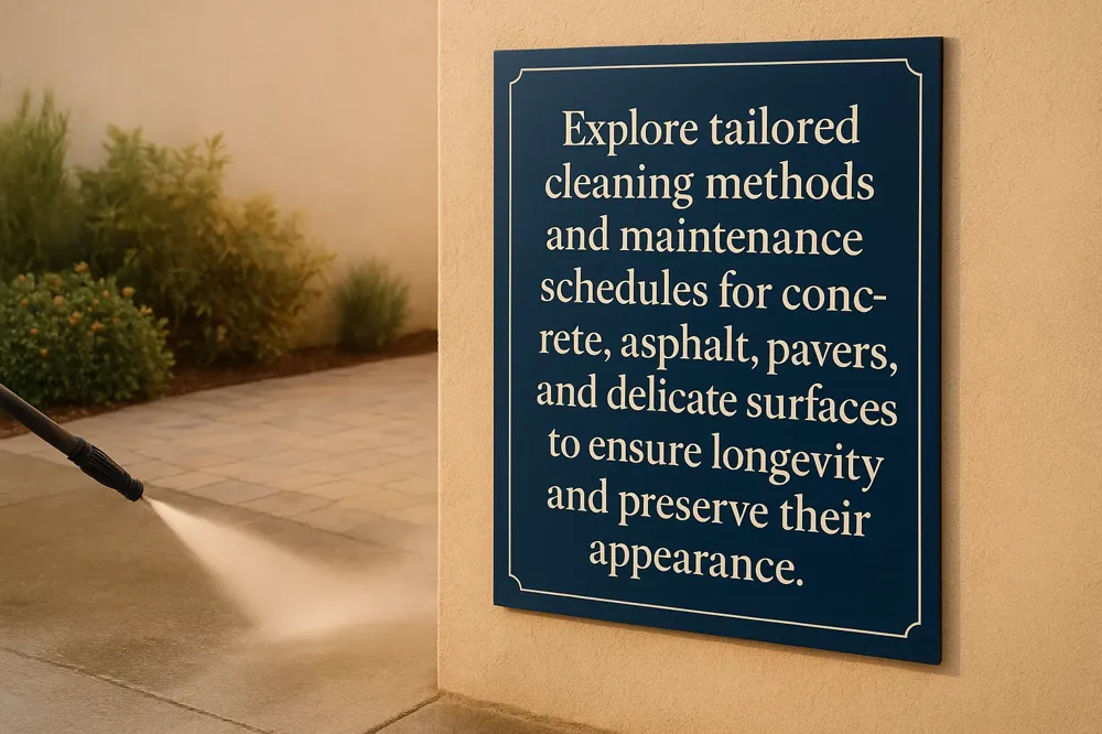 Explore tailored cleaning methods and maintenance schedules for concrete, asphalt, pavers, and delicate surfaces to ensure longevity and preserve their appearance.