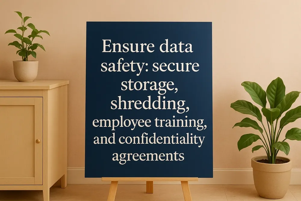 Ensure data safety: secure storage, shredding, employee training, and confidentiality agreements.