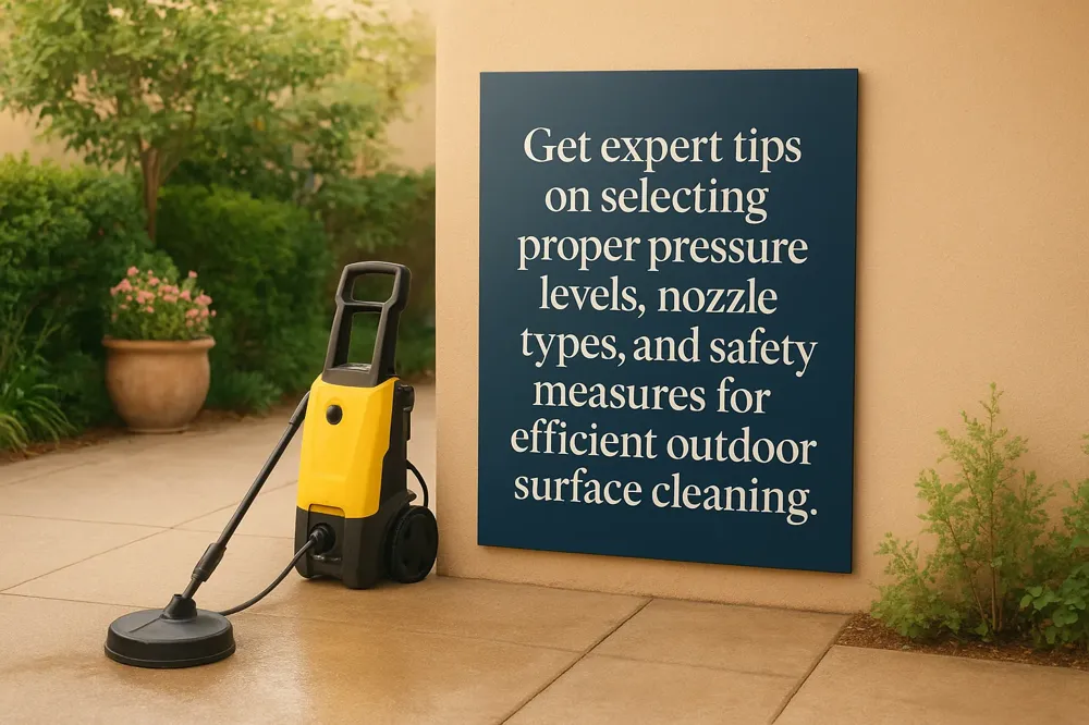 Get expert tips on selecting proper pressure levels, nozzle types, and safety measures for efficient outdoor surface cleaning.