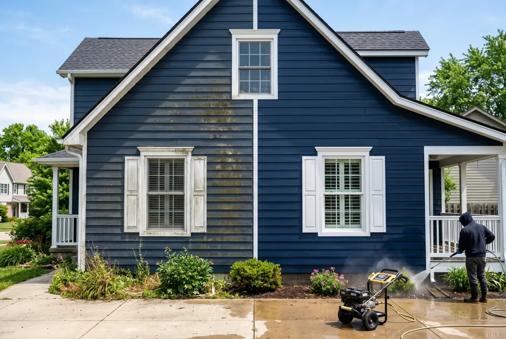 Early spring is ideal; wash once a year, with a second fall spot‑clean for high‑traffic or shaded areas, always on a dry, sunny day.