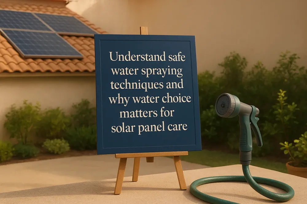 Understand safe water spraying techniques and why water choice matters for solar panel care.