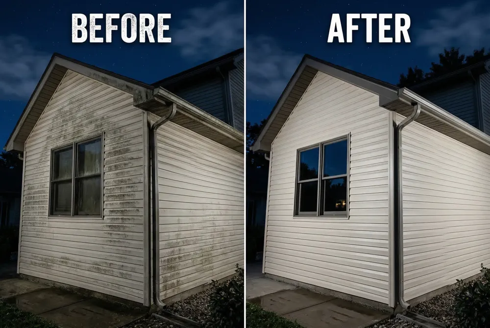 Concrete/masonry: 1,500‑2,000 psi hot‑water wash with nylon brush. Wood: low‑pressure ≤1,500 psi, gentle scrubbing, avoid oversaturation. Metal/Glass: mild remover, soft brush, no abrasive pads; rinse thoroughly.