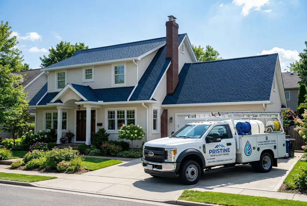 Low‑pressure soft‑wash with biodegradable detergents safely removes moss and algae without harming shingles.