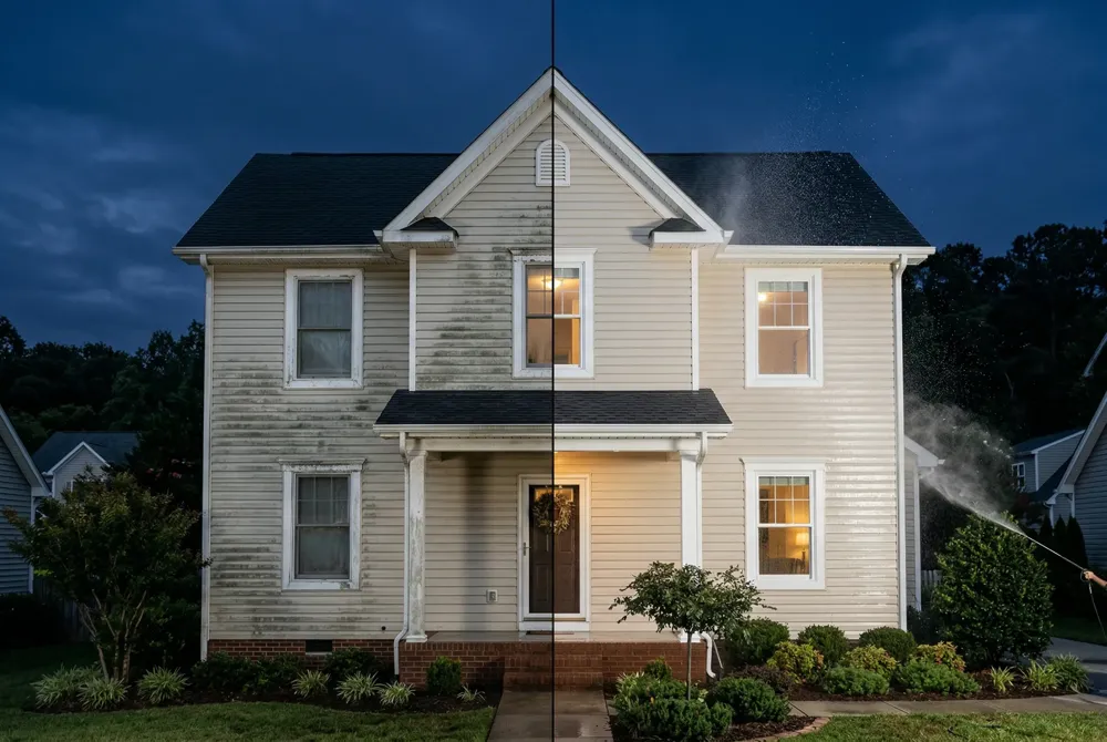 Power washing adds hot water to boost chemical action; pressure washing relies on high‑pressure cold water; soft washing uses low‑pressure (≤ 500 psi) and biodegradable bleach‑based solutions to safely remove organic growth.