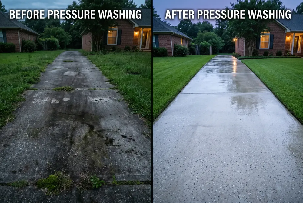 Driveways: 2,500‑3,000 psi, 25° nozzle. Patios: 1,500‑2,000 psi, 40° nozzle. Garage floors: rotary brush with 2,500‑3,000 psi, 25° nozzle.