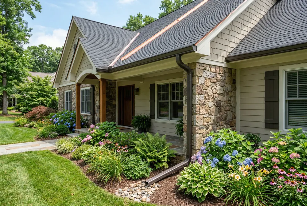 Copper/zinc ridge strips and regular gutter maintenance provide chemical‑free algae control and water conservation.