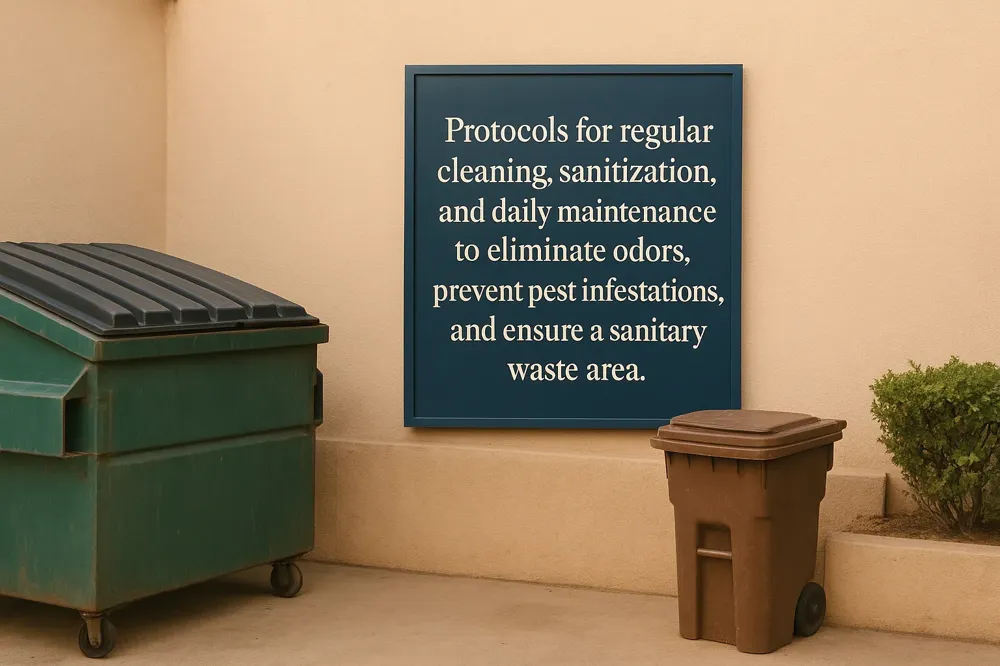 Protocols for regular cleaning, sanitization, and daily maintenance to eliminate odors, prevent pest infestations, and ensure a sanitary waste area.