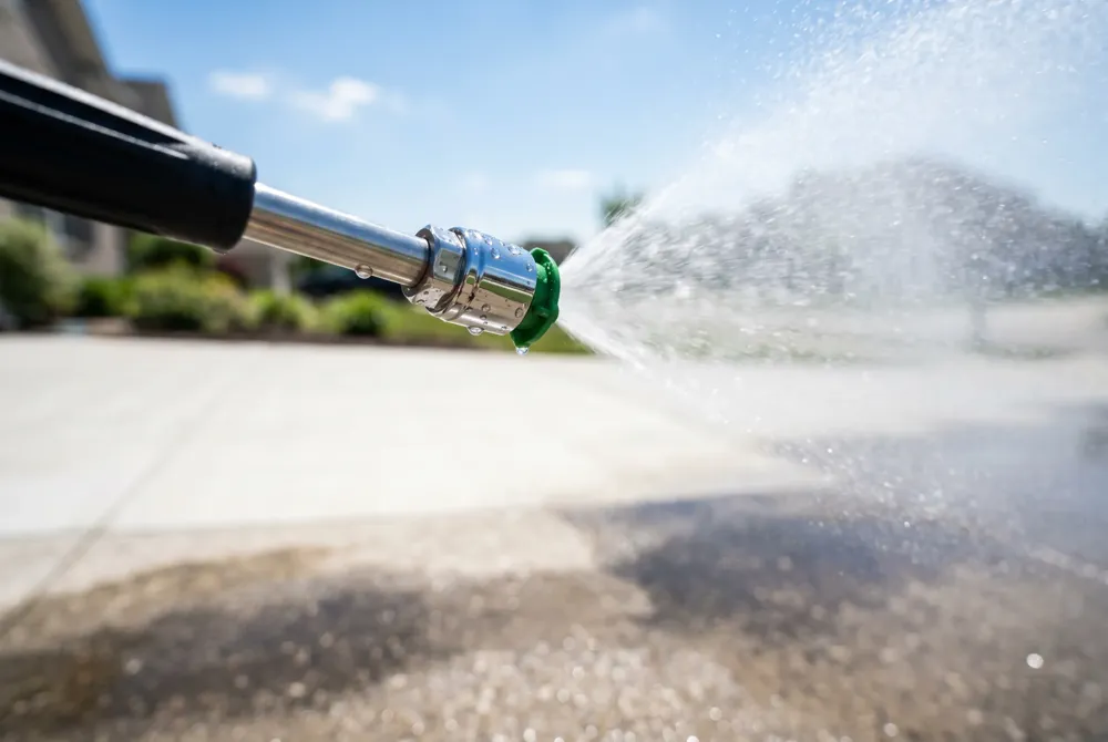 Match nozzle angle to surface: red (0°) for tough spots, yellow (15°) for paint/mildew, green (25°) for decks, white (40°) for delicate facades; soft‑washing protects fragile materials.