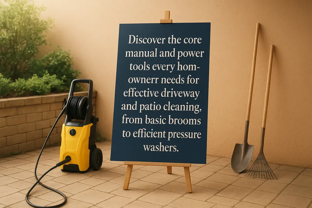 Discover the core manual and power tools every homeowner needs for effective driveway and patio cleaning, from basic brooms to efficient pressure washers.