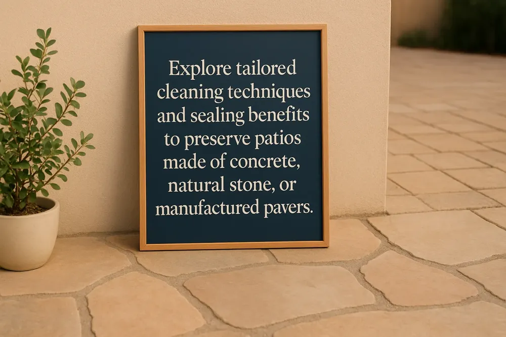 Explore tailored cleaning techniques and sealing benefits to preserve patios made of concrete, natural stone, or manufactured pavers.