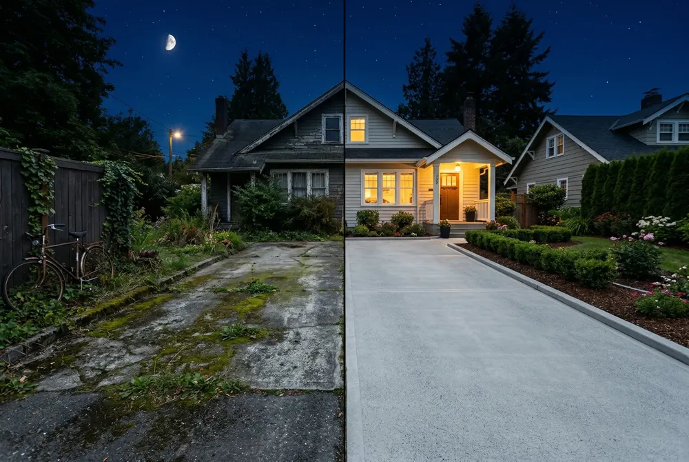 Patios 200‑500 sq ft take 30‑120 min; driveways similar. Schedule in late spring‑early fall, wait 24‑48 hr after rain, and repeat annually for concrete, 1‑2 yr for vinyl/brick.
