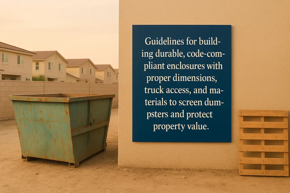 Guidelines for building durable, code-compliant enclosures with proper dimensions, truck access, and materials to screen dumpsters and protect property value.