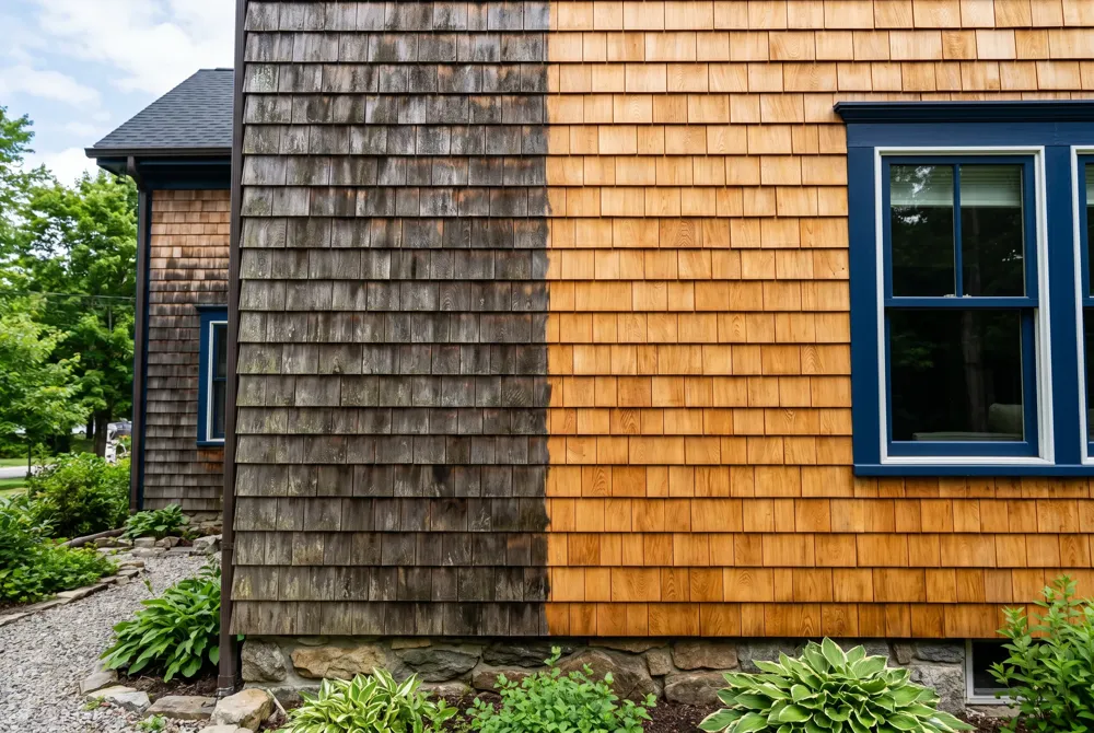 Low‑pressure fan‑spray (1,200‑1,500 PSI) for cedar; use biodegradable cleaners, dry 24‑48 h, inspect twice yearly and touch‑up as needed.