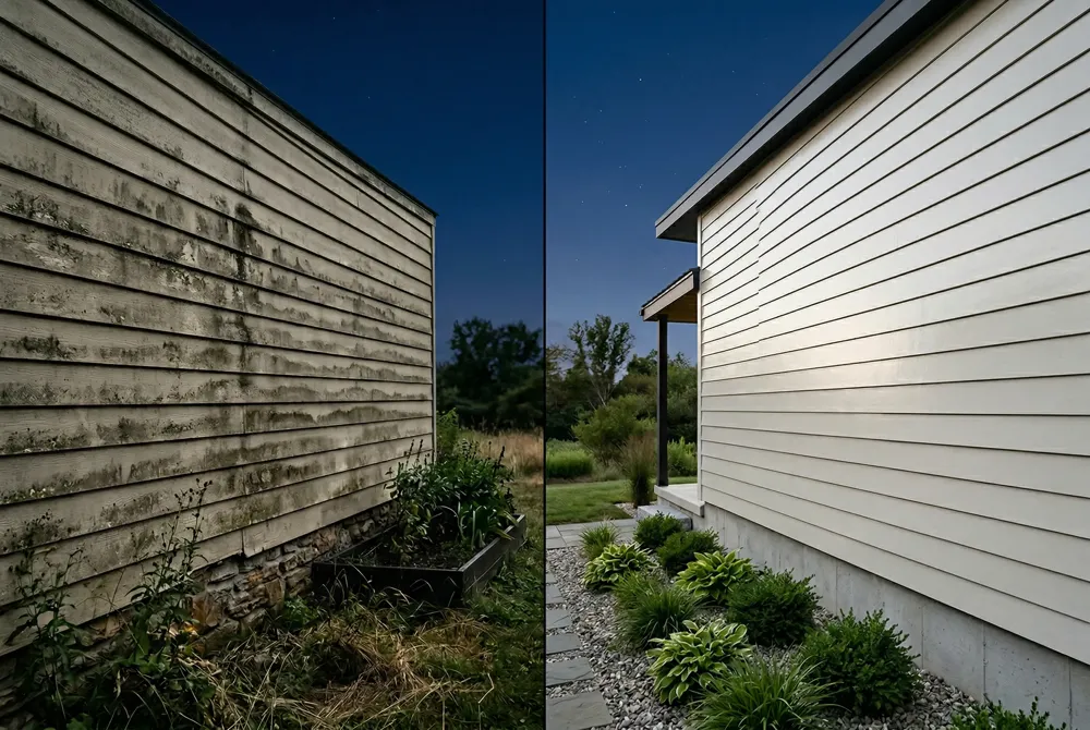 Soft‑wash solutions use 3–5 % sodium hypochlorite, biodegradable surfactants, and neutralizers; runoff must be captured or filtered per California Clean Water Act and local ordinances.