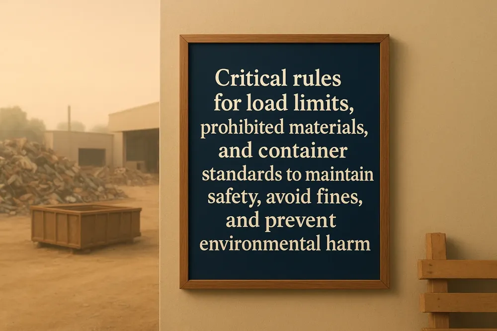 Critical rules for load limits, prohibited materials, and container standards to maintain safety, avoid fines, and prevent environmental harm.