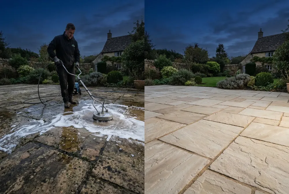Gentle low‑pressure washing (≤ 1,200 psi) with biodegradable soaps, 30 SECONDS® Outdoor Cleaner, or EcoGen Pressure Washer Soap preserves granite, patios, and other delicate surfaces while preventing etching and environmental damage.