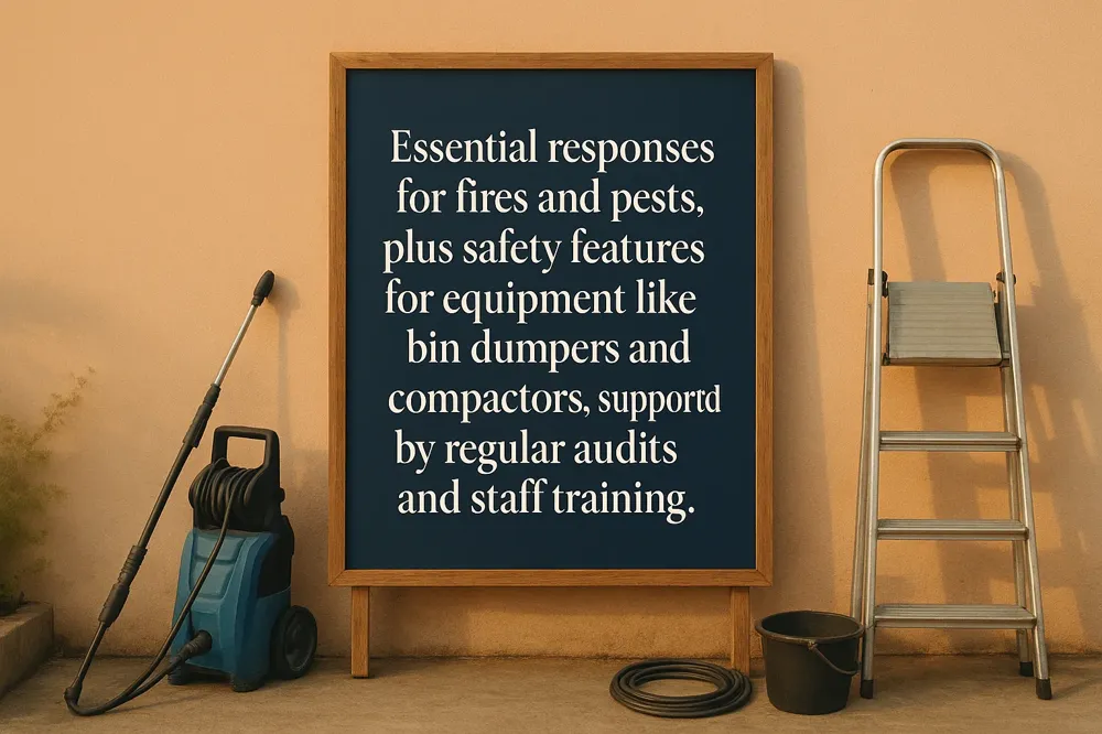 Essential responses for fires and pests, plus safety features for equipment like bin dumpers and compactors, supported by regular audits and staff training.