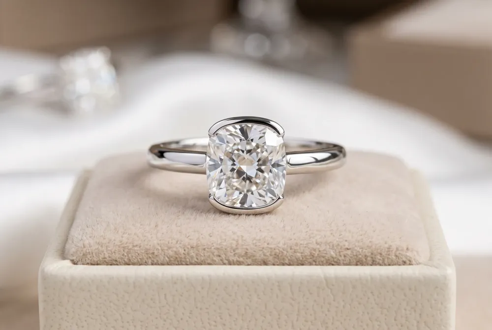 A half bezel wraps the cushion cut in protective metal from below, safeguarding its soft edges while leaving the crown and pavilion exposed for a brilliant, open display.