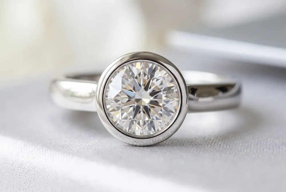 Bezel-set engagement ring with a sleek metal rim for security and modern style.