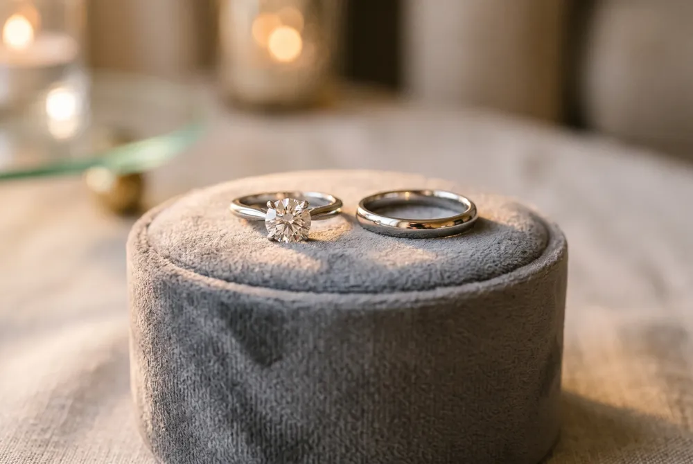 An engagement ring and a wedding ring laid side by side, illustrating the difference in design and purpose.