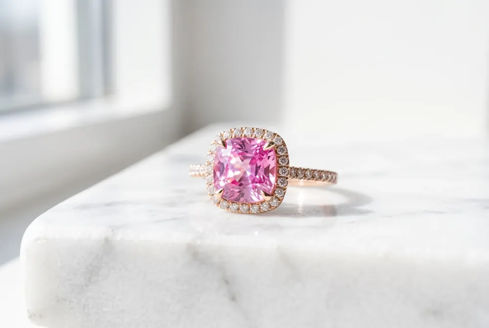 The classic solitaire silhouette offers a refined and timeless celebration of your stone's vibrant pink hue.
