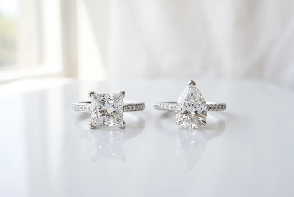 Your choice of princess cut or pear shape defines your ring set's personality, with each silhouette guiding the perfect wedding band pairing for a unified bridal look.