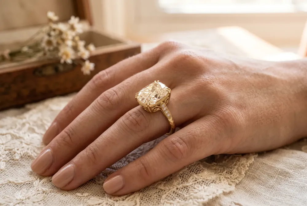 The elongated cushion cut diamond in this iconic ring embodies old-world romance, with a soft sparkle and handcrafted details that feel both historical and deeply personal.