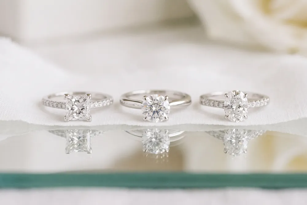 A three-stone setting creates a design rich in meaning, with each gem symbolizing a couple's past, present, and future together.