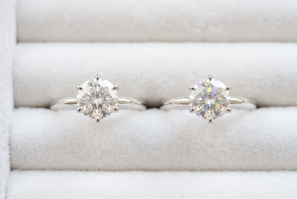 The price difference between a diamond and a moissanite of similar size allows couples to invest in a larger, more intricate ring without compromising on quality or romance.