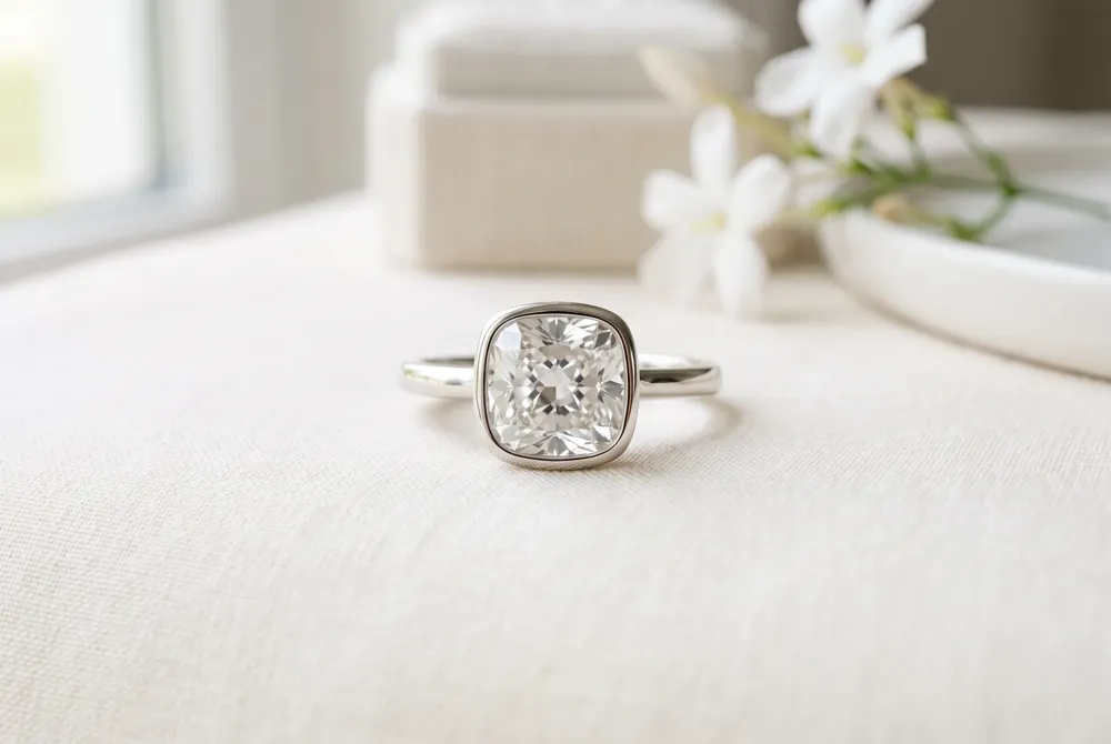 A smooth bezel traces the cushion’s rounded corners for a polished look with clean, composed lines.
