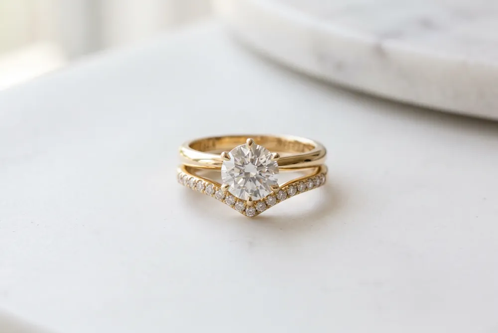 Stacking your engagement ring and wedding band on the same finger symbolizes the journey from promise to forever, with the order that feels most personal to you.