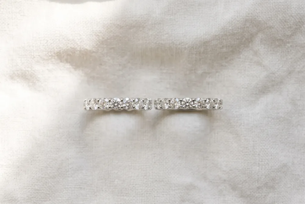 An eternity band symbolizes enduring commitment, and understanding the distinct beauty of moissanite and diamond helps you choose the gemstone that reflects your unique love story.