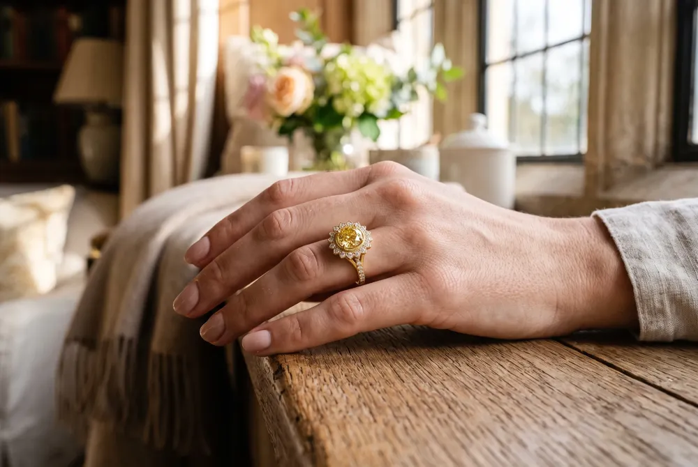 A round brilliant diamond at the heart of warm yellow gold, surrounded by a delicate halo of diamond petals that capture the sunflower's radiant spirit.