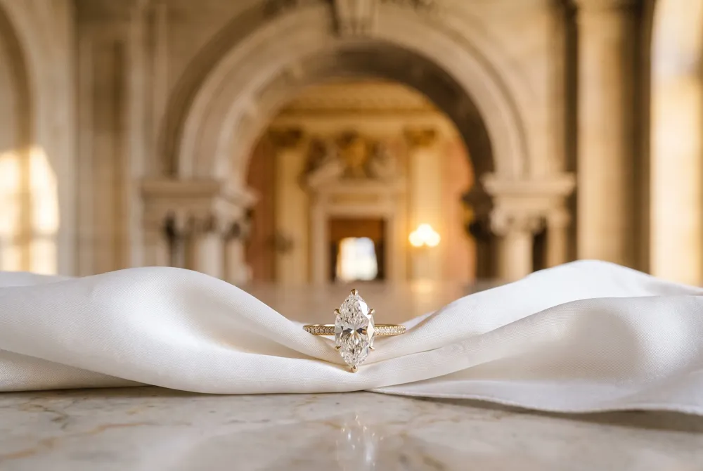 The marquise cut traces its romantic origins to an 18th-century royal court, where legend holds it was shaped to echo the enchanting smile of the Marquise de Pompadour.