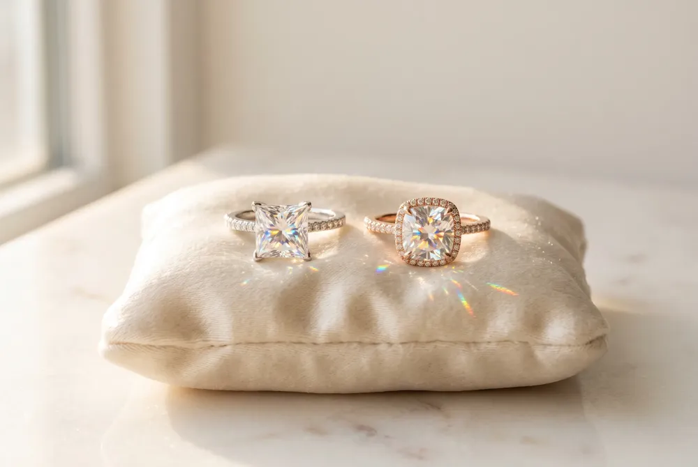 Understand how moissanite's exceptional fire enhances both the princess and cushion cuts, and explore how each shape pairs with your lifestyle and setting.