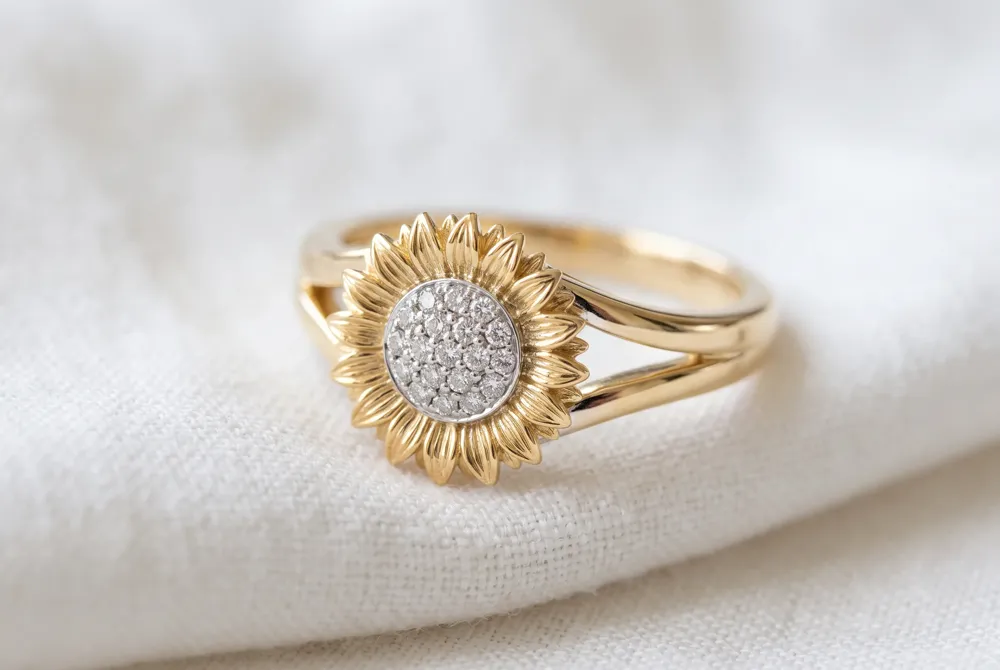 A split-shank design that unites yellow and white gold at the sunflower head, offering an architectural symbol of two lives coming together.