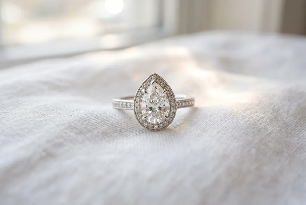 A halo of accent diamonds encircles your pear shape, amplifying its sparkle and creating a radiant glow that adds brilliance without overwhelming your hand.