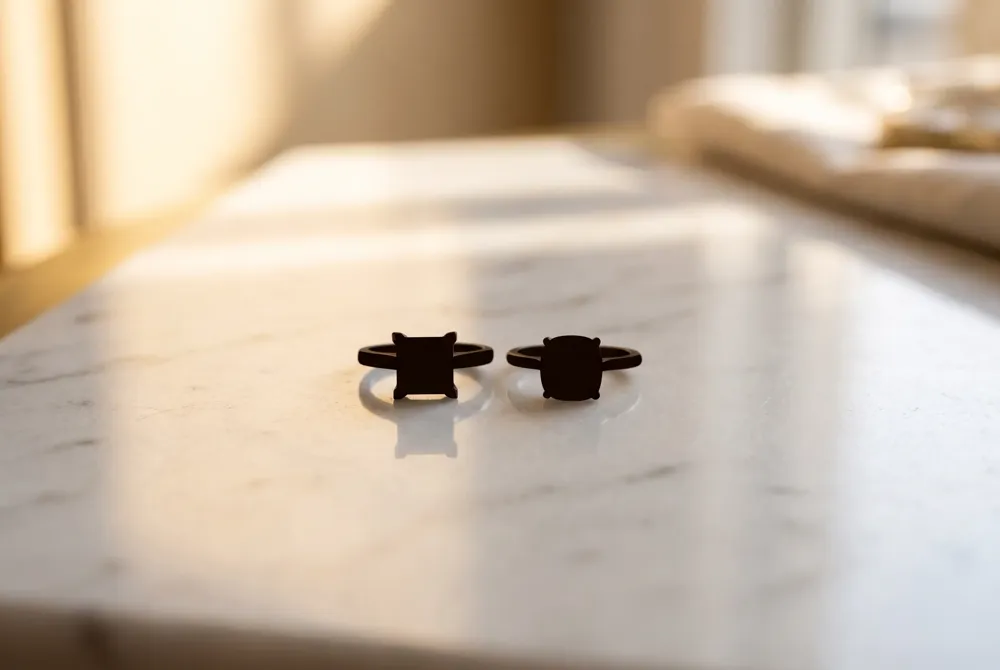 Princess cuts spread carat weight for a bolder face-up presence, while cushion cuts offer a softer, more romantic outline that feels both heirloom and versatile.